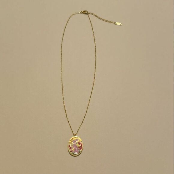 Gold and Pink Enamel Rabbit Pendant Necklace S902 - Picture 2 of 4
